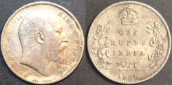 Ancient Coins - BRITISH INDIA, Edward VII AR rupee, Calcutta, 1908, CHOICE!