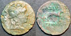 Ancient Coins - BACTRIA, AGATHOCLES or AGATHOKLES: Cupro-nickel dichalkon or double unit of Dionysos/panther. SCARCE!