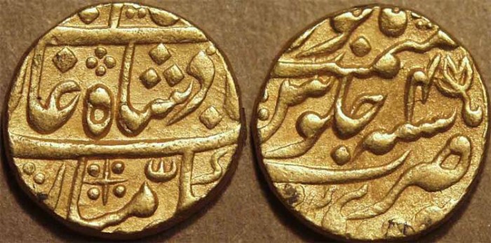 Ancient Coins - INDIA, PRINCELY STATES, JAIPUR: Gold mohur in the name of Shah Alam II, year 4, Madhopur. UNLISTED, RARE, and CHOICE!