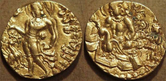 INDIA, GUPTAS, KUMARAGUPTA I: Gold dinar, Kartikeya type. RARE + SUPERB!