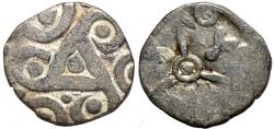 Ancient Coins - INDIA, Kuru janapada, c.4th century BCE, Silver 15-mana, biface with 6-arm symbol, broad flan, RARE and CHOICE!