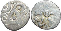 Ancient Coins - INDIA, Kuru janapada, c.4th century BCE, Silver 15-mana, biface with 6-arm symbol, broad flan, RARE and CHOICE!