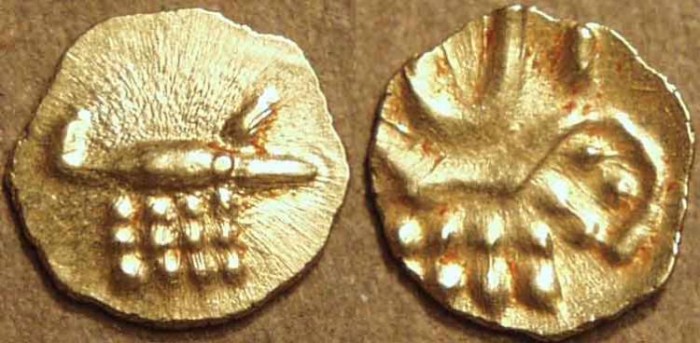 Ancient Coins - INDIA, RAJAHS of COCHIN: Anonymous Gold "Vira Raya" fanam. Intermediate type. CHOICE!