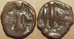 Ancient Coins - INDIA, KUSHAN: Vasudeva I AE reduced weight tetradrachm, with additional "delta" symbol. RARE and CHOICE!