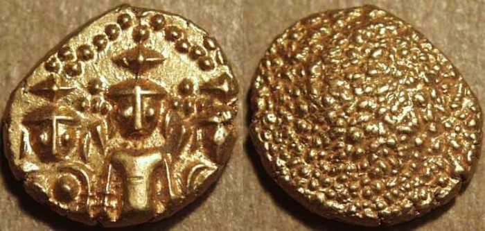 Ancient Coins - BRITISH INDIA, Madras Presidency: (c. 1740-1807) Gold "3-swami" pagoda, late type. SUPERB!