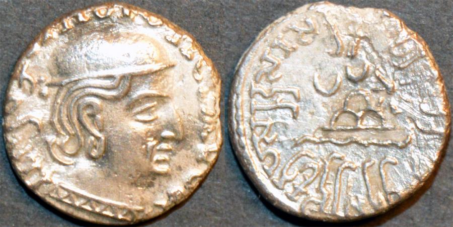 Ancient Coins - INDIA, WESTERN KSHATRAPAS: Rudrasena I (c.199-222 CE) Silver drachm, as Kshatrapa, Legend A, year S. 124. SECOND KNOWN & CHOICE!