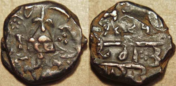 Ancient Coins - INDIA, SIKH, Copper falus, Peshawar, VS 1892. Overstruck, RARE!