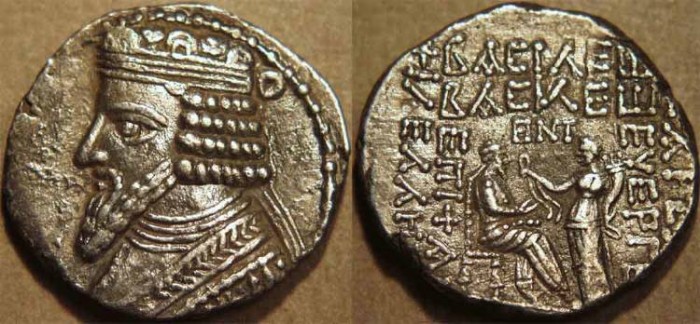 Ancient Coins - PARTHIA, GOTARZES II (40-51 CE) Silver tetradrachm, Seleucia, Sell 65.18-19. SCARCE DATE & CHOICE!