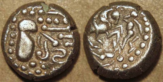 World Coins - INDIA, Silaharas of Konkan ? or Paramaras of Malwa ?, Anonymous Silver drachm (gadhaiya paisa type) with Battle Scene. UNUSUAL and CHOICE!
