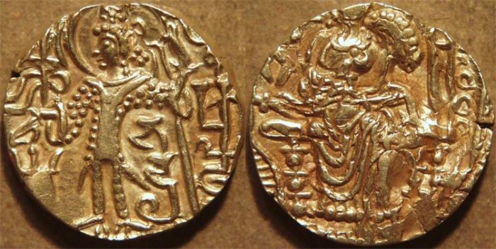 Ancient Coins - INDIA, Kushan: Kipanada AV dinar, Bhadra  under arm. SUPERB!