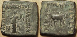 Ancient Coins - INDO-GREEK: Philoxenos AE square hemi-obol: Demeter/Bull: SCARCE!