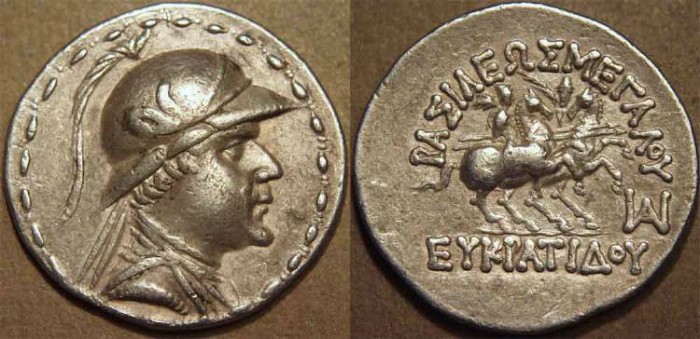Ancient Coins - BACTRIA, Eukratides (Eucratides) AR tetradrachm, helmeted type. SUPERB!