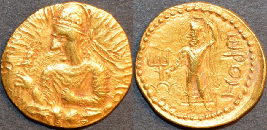 Ancient Coins - INDIA, Kushan: Huvishka Gold dinar, Ahura Mazda "Orom" reverse. RRR and SUPERB!