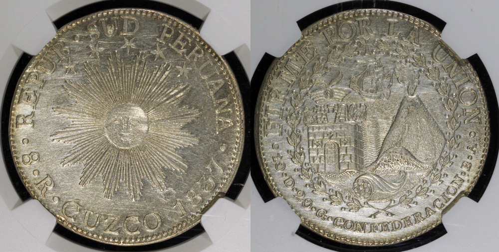 1837 CUZCO BA Peru 8 Reales - Sun Face - NGC AU | South American Coins