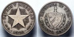 World Coins - 1920 Cuba 40 Centavos – (KM-14) High Relief Star – 1st Republic – XF – Silver