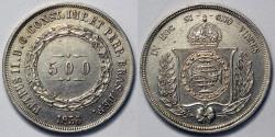 World Coins - 1856 Brazil 500 Reis - Petrus II - AU Silver