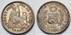 World Coins - 1866 YB Peru 1 Dinero - 1866/5 Overdate - UNC Silver
