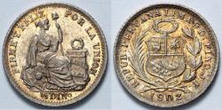 World Coins - 1902 JF Peru 1/2 Dinero - Seating Liberty - BU Silver