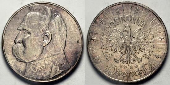 1936 W Poland 10 Zlotych Jozef Pilsudski Au Silver European Coins