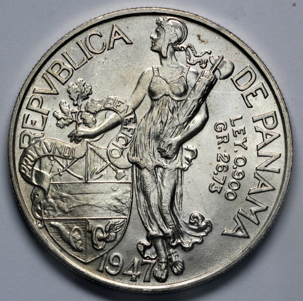 1947 Panama 1 Balboa - Vasco Nunez de Balboa - BU Silver | North