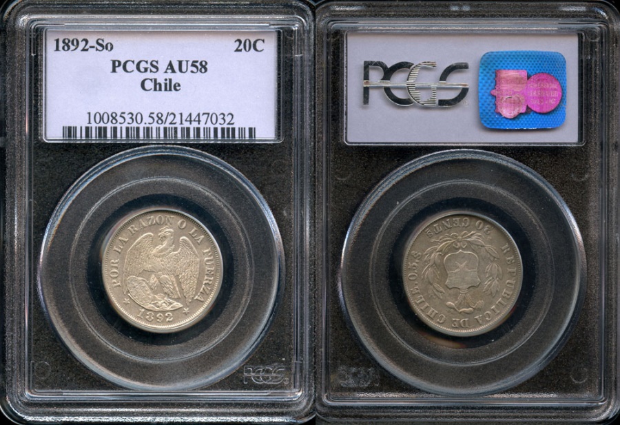 1892 So Chile 20 Centavos PCGS AU58 | South American Coins