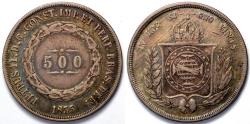 World Coins - 1855 Brazil 500 Reis - Petrus II - XF Silver