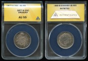 World Coins - 1877 A Uruguay 20 Centesimos ANACS AU55