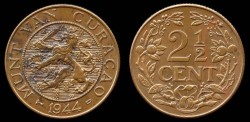 World Coins - 1944 D Curacao 2-1/2 Cents AU