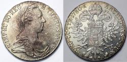 World Coins - 1780 SF Austria 1 Thaler - Maria Theresa - Trade Coinage Restrike - BU Silver
