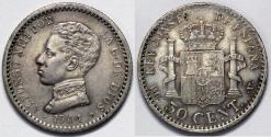 World Coins - 1904 (10) Spain 50 Centavos - Alfonso XIII - AU Silver