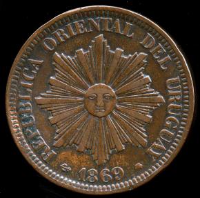 World Coins - 1869 A Uruguay 4 Centesimos AU