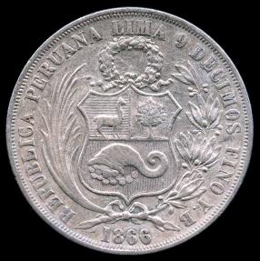 World Coins - 1866/56 YB Peru 1 Sol AU