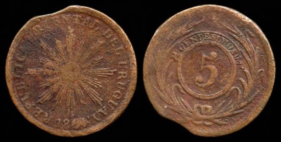 World Coins - 1854/40 Uruguay 5 Centesimos VG