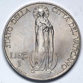 1939 Vatican 1 Lira - Pope Pius XII - BU (Only 70,000 pieces were struck)