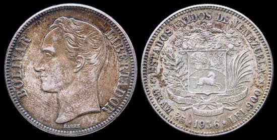 World Coins - 1936 Venezuela 5 Bolivares AU