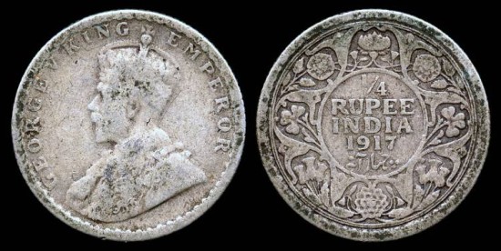 World Coins - 1917 India (British) 1/4 Rupee F