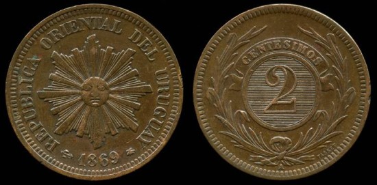 World Coins - 1869 A Uruguay 2 Centesimos AU