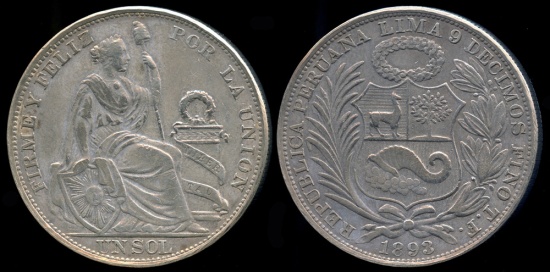 World Coins - 1893 TF Peru 1 Sol (Overstruck 1393 Date) XF