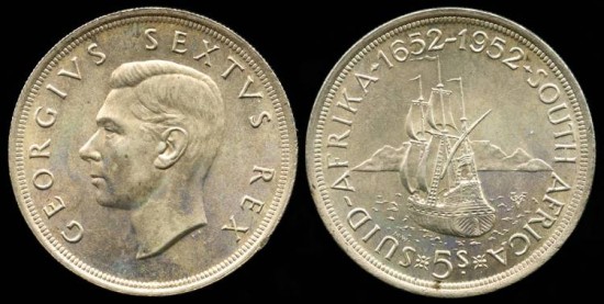World Coins - 1952 South Africa 5 Shillings - George VI - 300th Anniversary - Founding of Cape Town - Silver Commemorative UNC