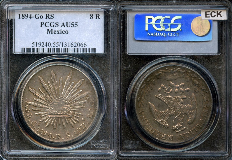 1894 Go-RS Mexico 8 Real - Guanajuato Mint - 1st Republic - PCGS AU55