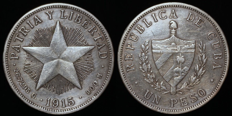 1915 Cuba 1 Peso Star Peso Low Relief Star AU North Central