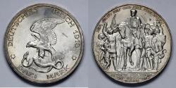 World Coins - 1913 A Prussia 3 Mark - Wilhelm II - 100th Anniversary of Victory over Napoleon at Leipzig - BU - Silver