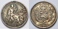 World Coins - 1903 JF Peru 1/5 Sol - 1903/1 Overdate - XF Silver