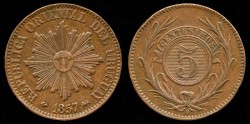 World Coins - 1857 D Uruguay 5 Centimos AU