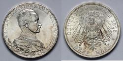 World Coins - 1913 A Prussia 3 Mark - Wilhelm II - 25th Year of Reign - BU - Silver