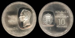 World Coins - 1973 Venezuela 10 Bolivars - 100th anniversary of Simon Bolivar’s depiction on Venezuelan coinage - BU Silver