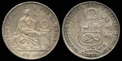 World Coins - 1870 YJ Peru 1 Sol AU