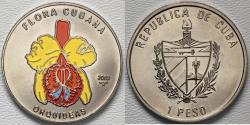 World Coins - 2001 Cuba 1 Peso - Yellow-Red Orchid BU (Small Mintage)