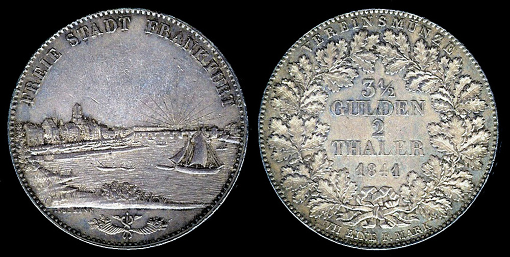 1841 Frankfurt 2 Thaler / 3-1/2 Gulden - City View - ANACS AU55