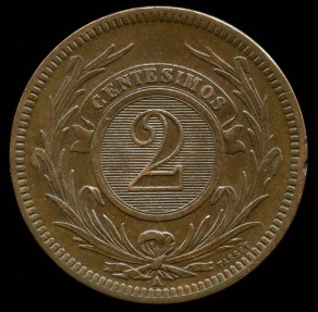 World Coins - 1869 A Uruguay 2 Centesimos AU